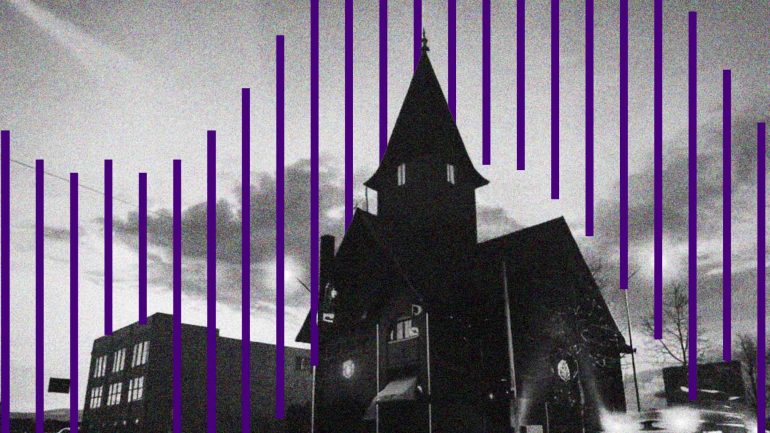 A black and white image showing a dark, silhouetted church with a prominent spire against a cloudy sky. In the foreground, vertical purple lines create a pattern over the image. A building with a flat roof is partially visible to the left.