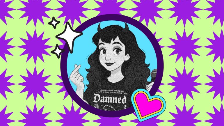 Illustration of Niko whearing a shift that says "Damned" and making a heart with fingers